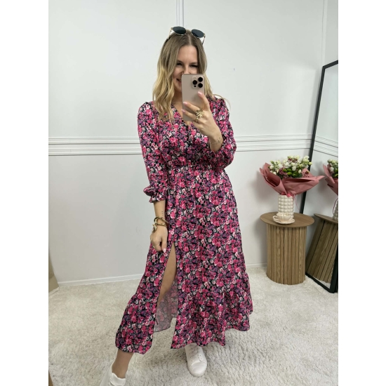 Sukienka midi Sara czarna w różowe kwiaty