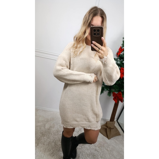 Sukienka sweterkowa z dziurami beżowa