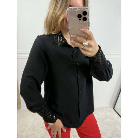 Koszula z cekinowym kołnierzem czarna