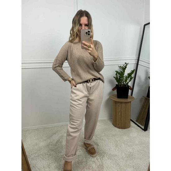 Spodnie w drobne paski Isla beżowe