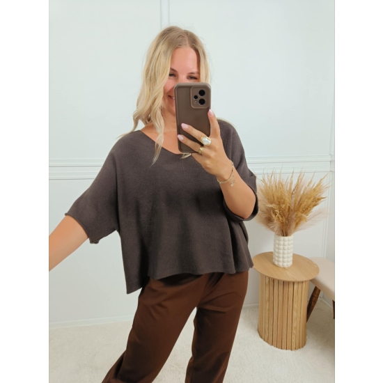 Sweter oversize z krótkim rękawem Habi czekoladowy