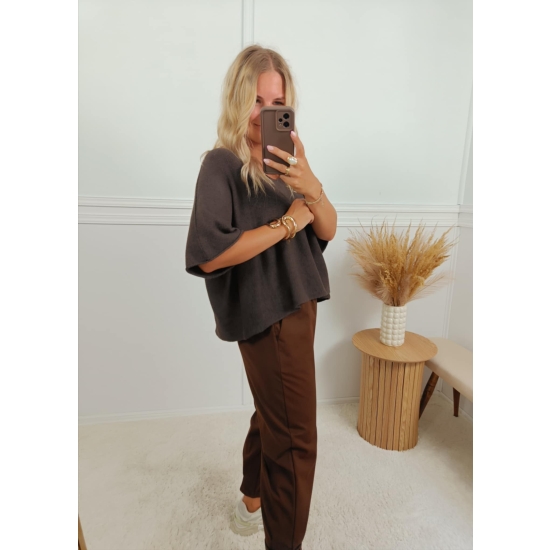 Sweter oversize z krótkim rękawem Habi czekoladowy