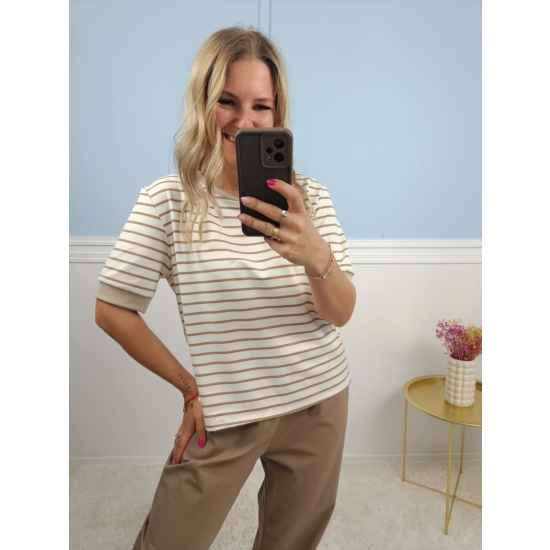 T shirt Luisa  w paski beżowo brązowy