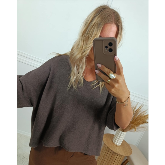 Sweter oversize z krótkim rękawem Habi czekoladowy