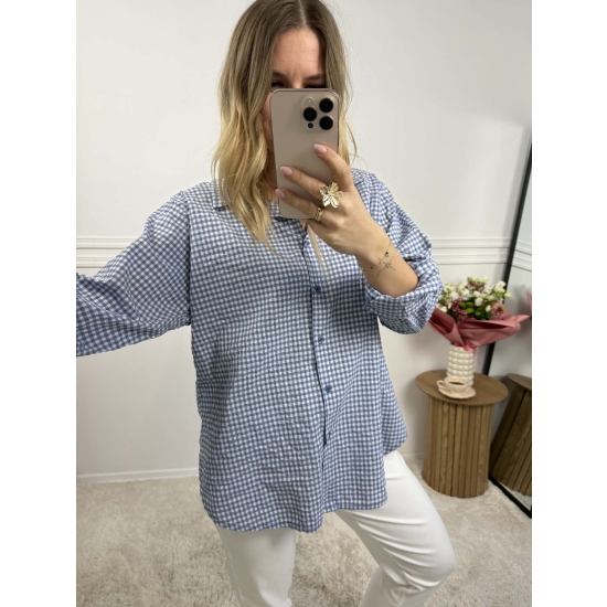 Bawełniana koszula w delikatną kratę niebieska