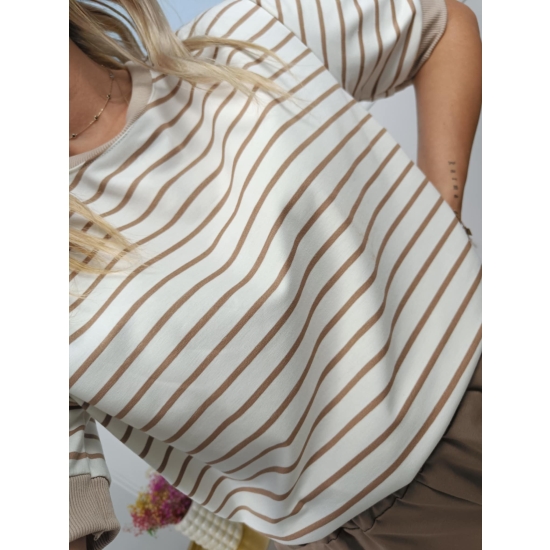 T shirt Luisa  w paski beżowo brązowy