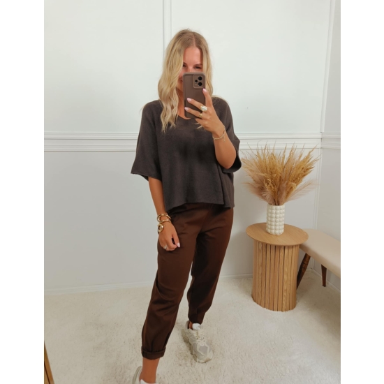 Sweter oversize z krótkim rękawem Habi czekoladowy