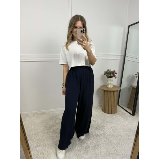 Wiskozowe spodnie na gumce o szerokim kroju Kioto granatowe